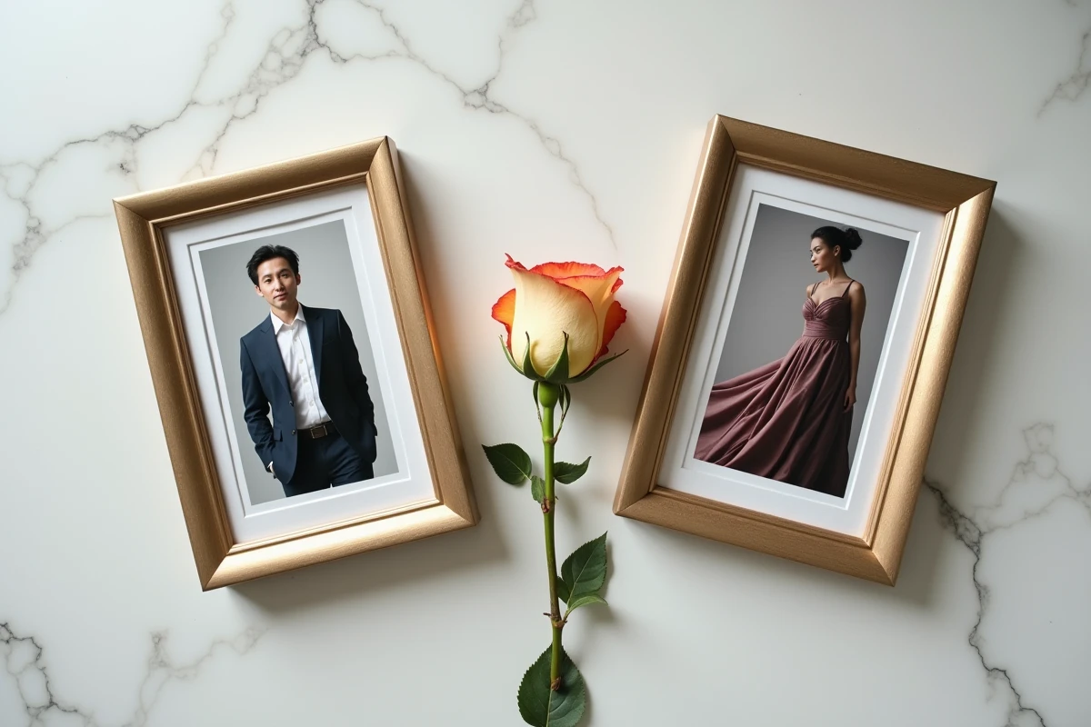 Deux photographies encadrées placées côte à côte sur du marbre avec une rose fanée entre elles, symbolisant la fin d'une relation amoureuse entre deux stars