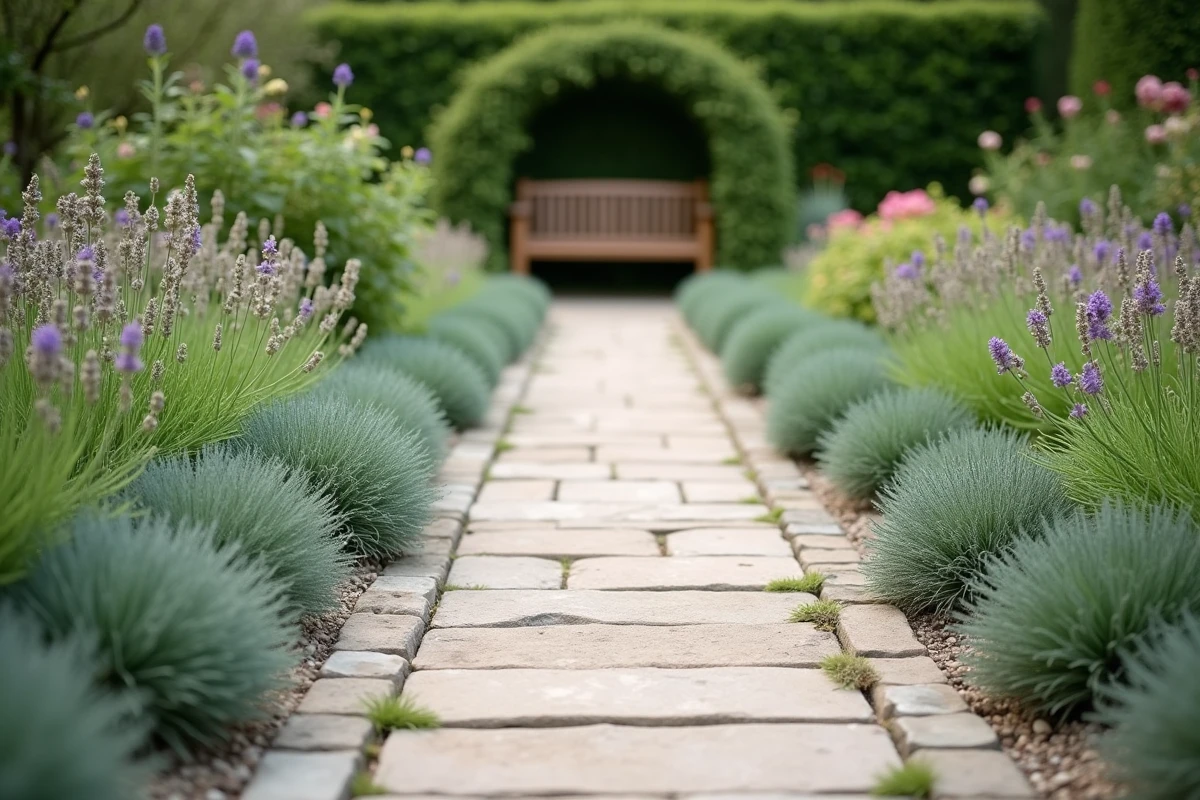 Plantations basses en bordure d'allée avec fétuques bleues et lavandes naines guidant le regard