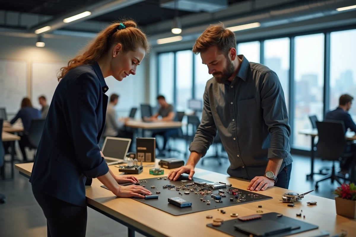 Deux professionnels de la tech examinant des gadgets et composants électroniques dans un bureau de startup