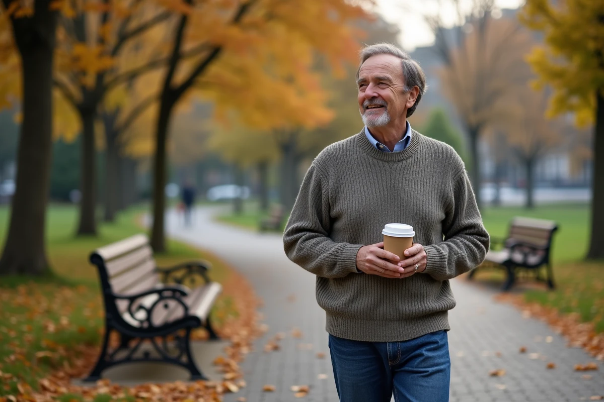 Homme marchant dans un parc urbain en automne avec une tasse
