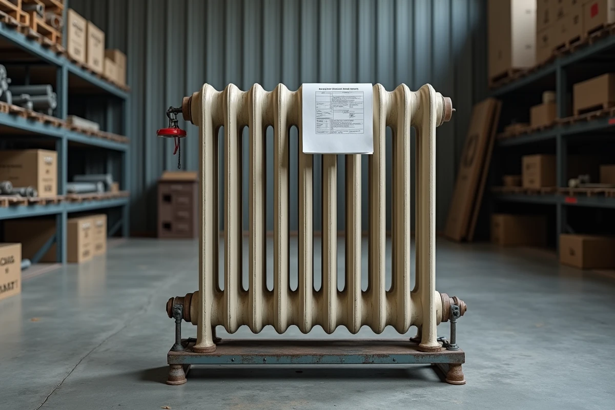 Radiateur en fonte posé sur une balance industrielle dans un entrepôt de matériaux de plomberie