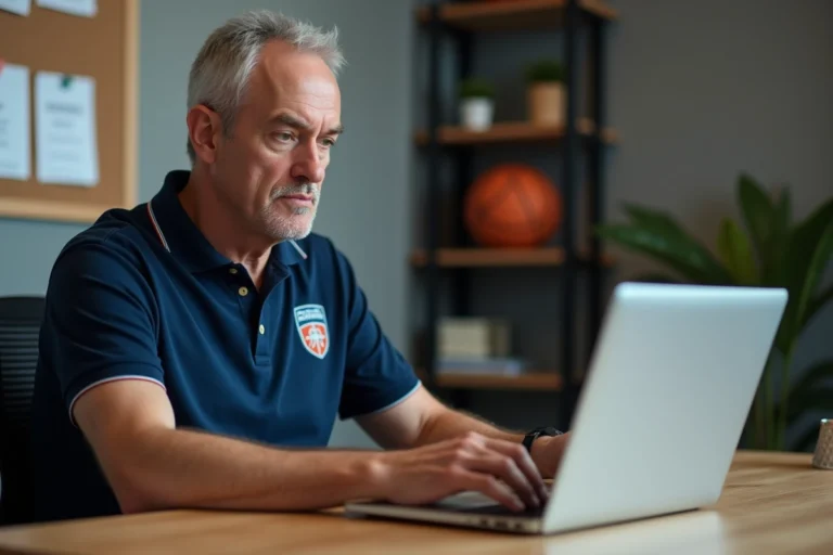 Un responsable de club de basketball utilisant l'extranet FBI V2 FFBB sur un ordinateur portable dans un bureau sportif