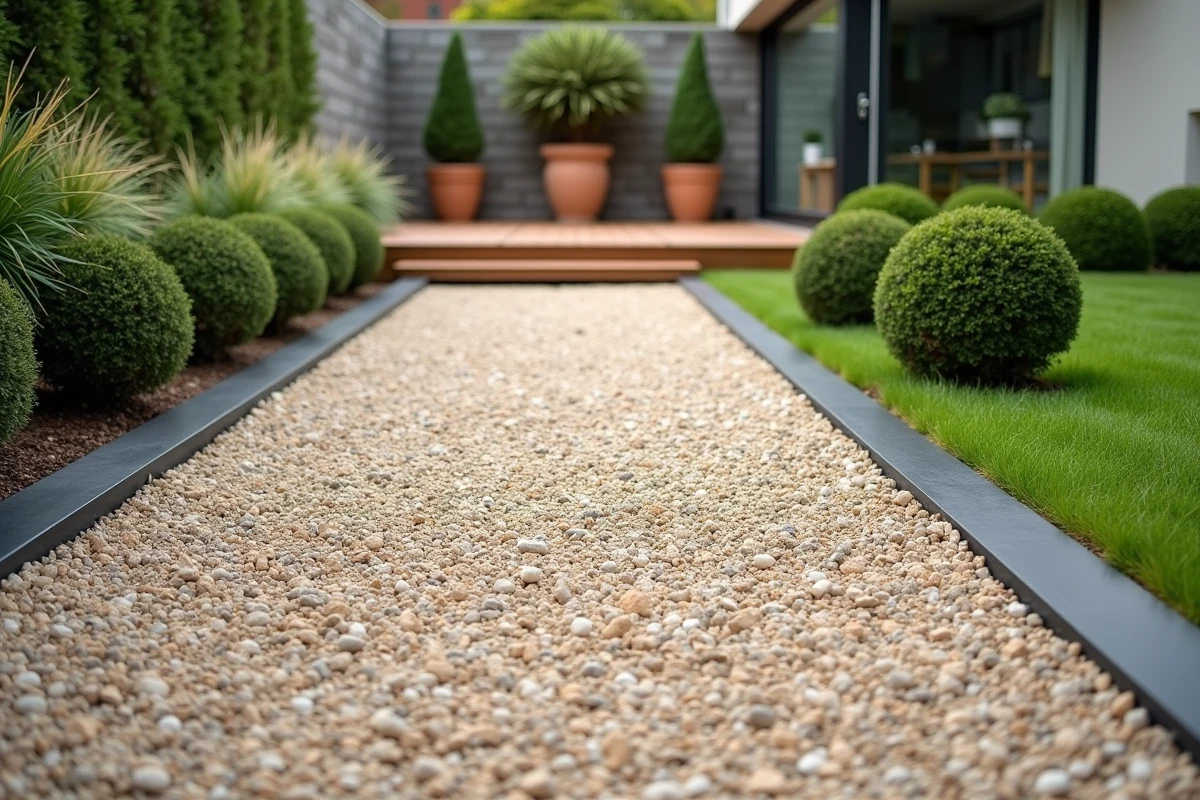 Revêtement de sol en gravier stabilisé délimité par des bordures métalliques dans un jardin moderne