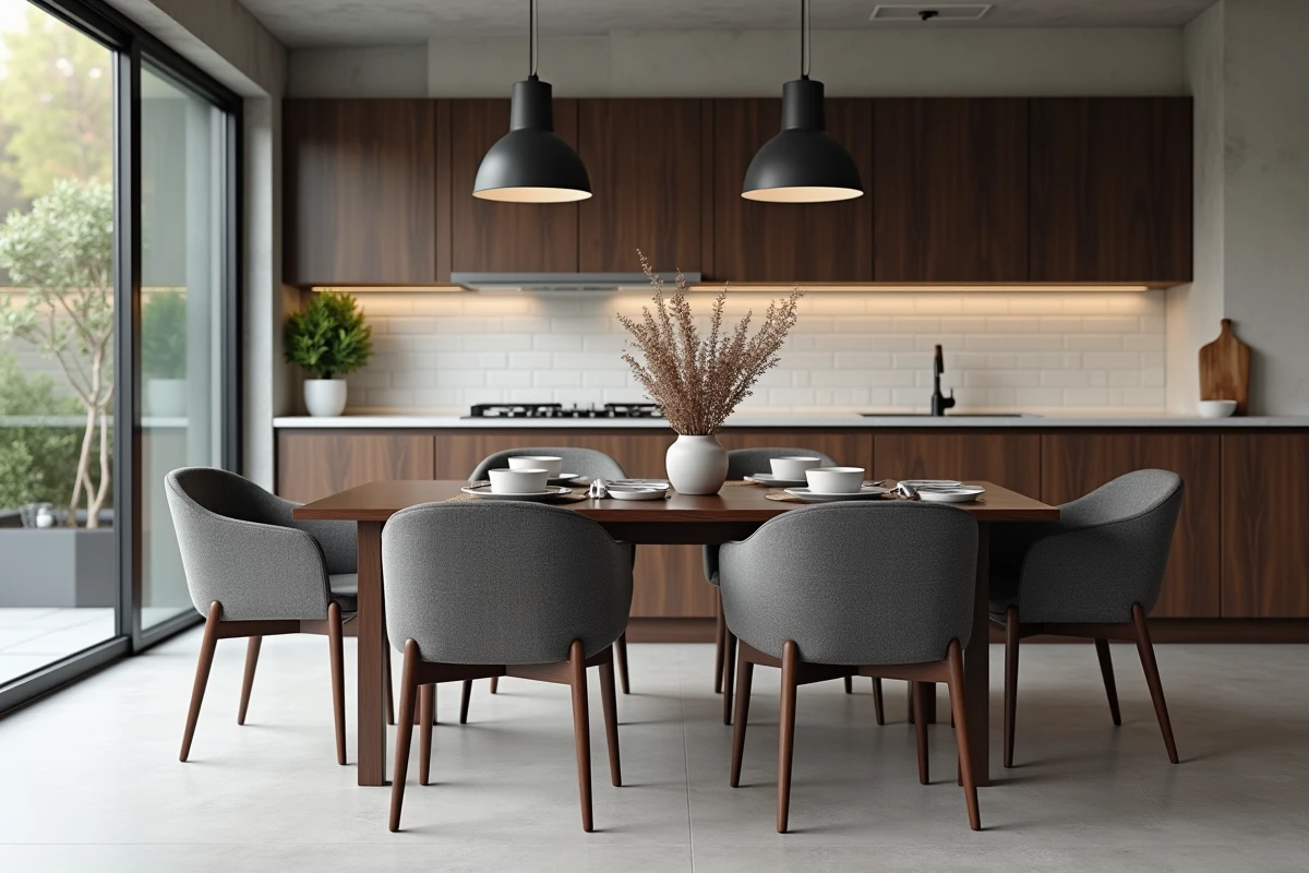 Salle à manger canadienne avec une table en noyer foncé et des chaises rembourrées en tissu anthracite dans un espace cuisine ouvert de style Homcom