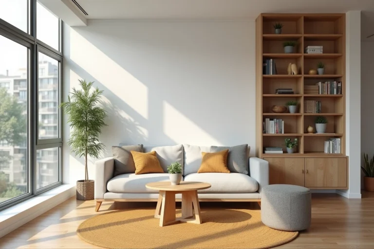 Salon canadien moderne meublé avec une bibliothèque en chêne clair, un canapé en lin gris et une table basse minimaliste de style Homcom