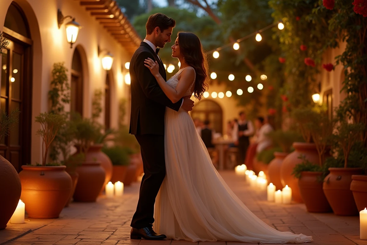 Un couple danse sensuellement dans une cour de hacienda aux chandelles lors d'un flashmob de mariage sur Señorita