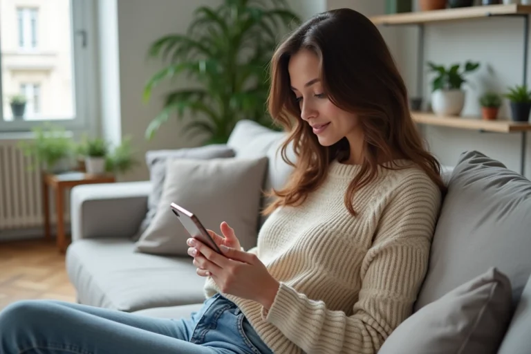 Jeune femme souriante consultant son smartphone dans un appartement parisien moderne, illustrant les rumeurs de couple de Shana Loustau