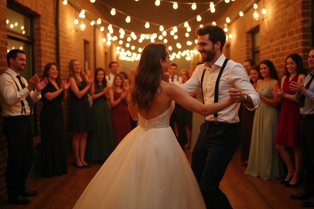 Le marié fait tournoyer la mariée entourés d'amis qui dansent dans une salle industrielle éclairée aux ampoules Edison lors d'un flashmob