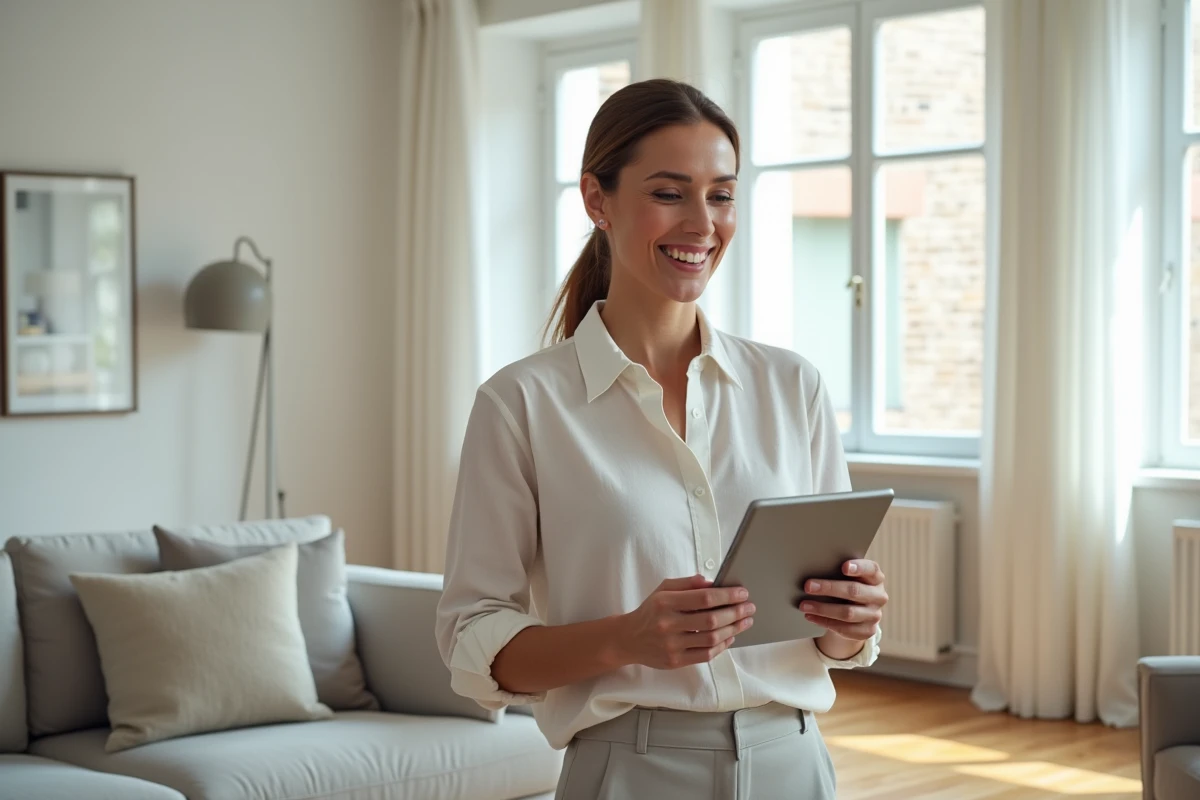 Femme utilisant un simulateur de décoration intérieure sur tablette dans un salon moderne