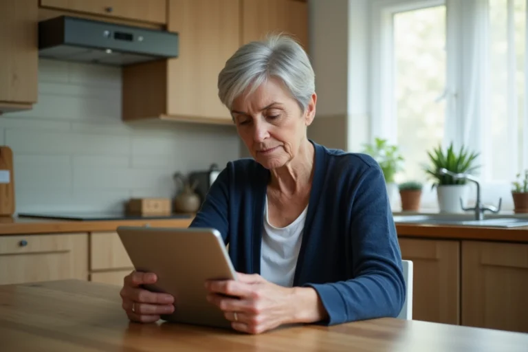Femme senior utilisant une tablette pour suivre les soins d'un proche à distance via une plateforme numérique