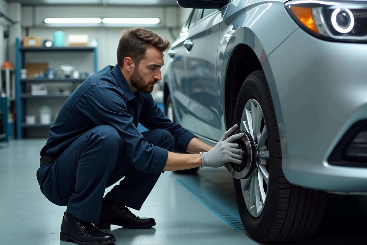 Technicien Dekra en uniforme bleu inspectant les freins d'une voiture lors d'un contrôle technique en garage