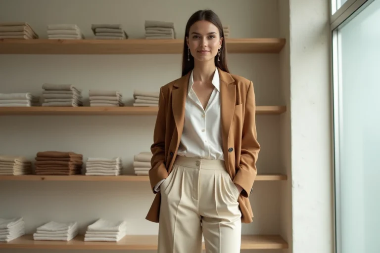 Femme élégante portant un blazer camel oversize et un pantalon large ivoire dans une boutique de mode parisienne minimaliste