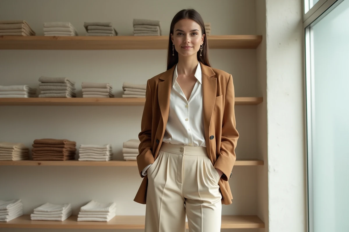 Femme élégante portant un blazer camel oversize et un pantalon large ivoire dans une boutique de mode parisienne minimaliste