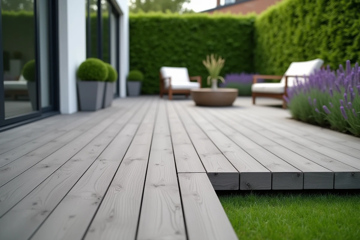 Terrasse en bois composite gris-brun dans un jardin résidentiel moderne avec mobilier minimaliste