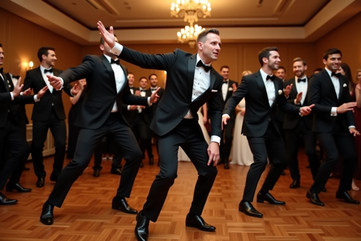 Garçons d'honneur en costumes noirs effectuant une chorégraphie synchronisée style Uptown Funk lors d'un flashmob de mariage