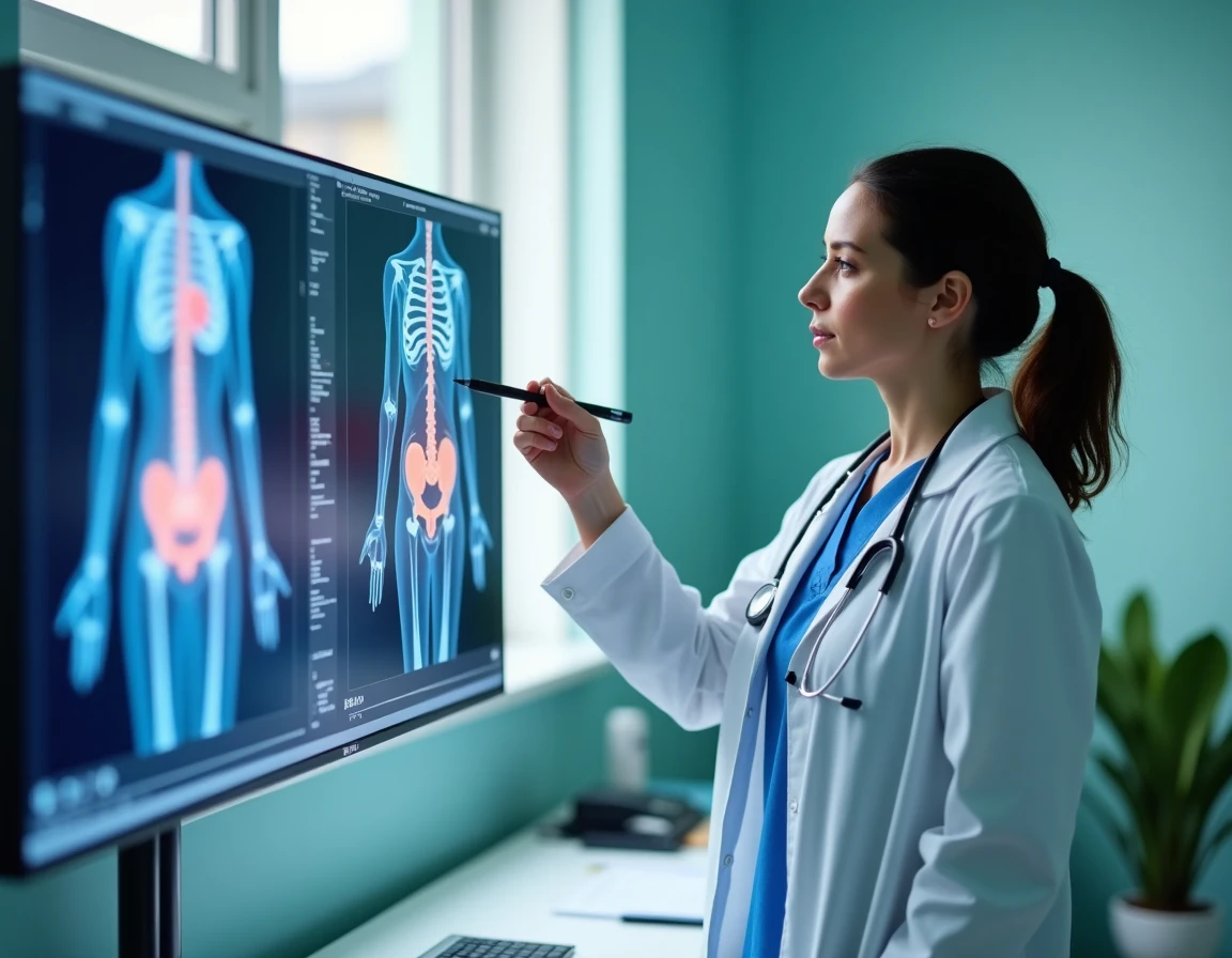 Urologue féminine expliquant l'anatomie du tractus urinaire féminin devant un écran médical numérique dans un cabinet spécialisé