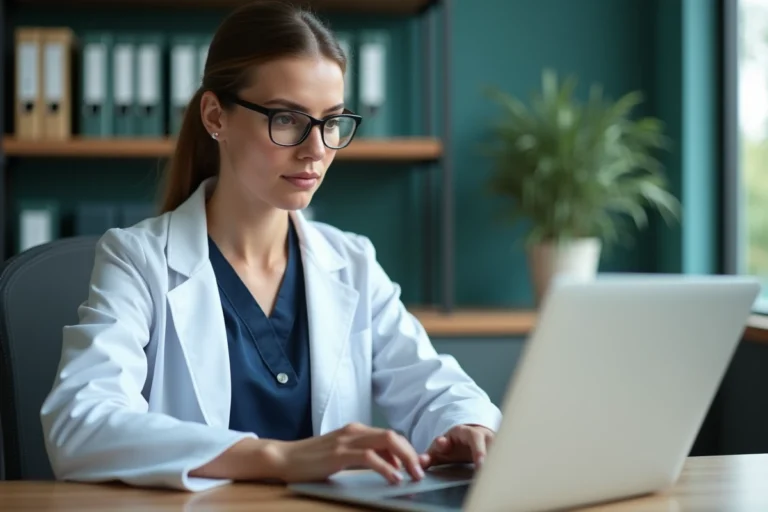Vétérinaire femme consultant le logiciel GMVET sur un ordinateur portable dans un cabinet vétérinaire moderne