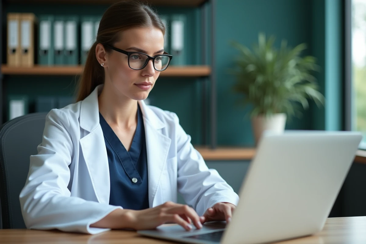 Vétérinaire femme consultant le logiciel GMVET sur un ordinateur portable dans un cabinet vétérinaire moderne