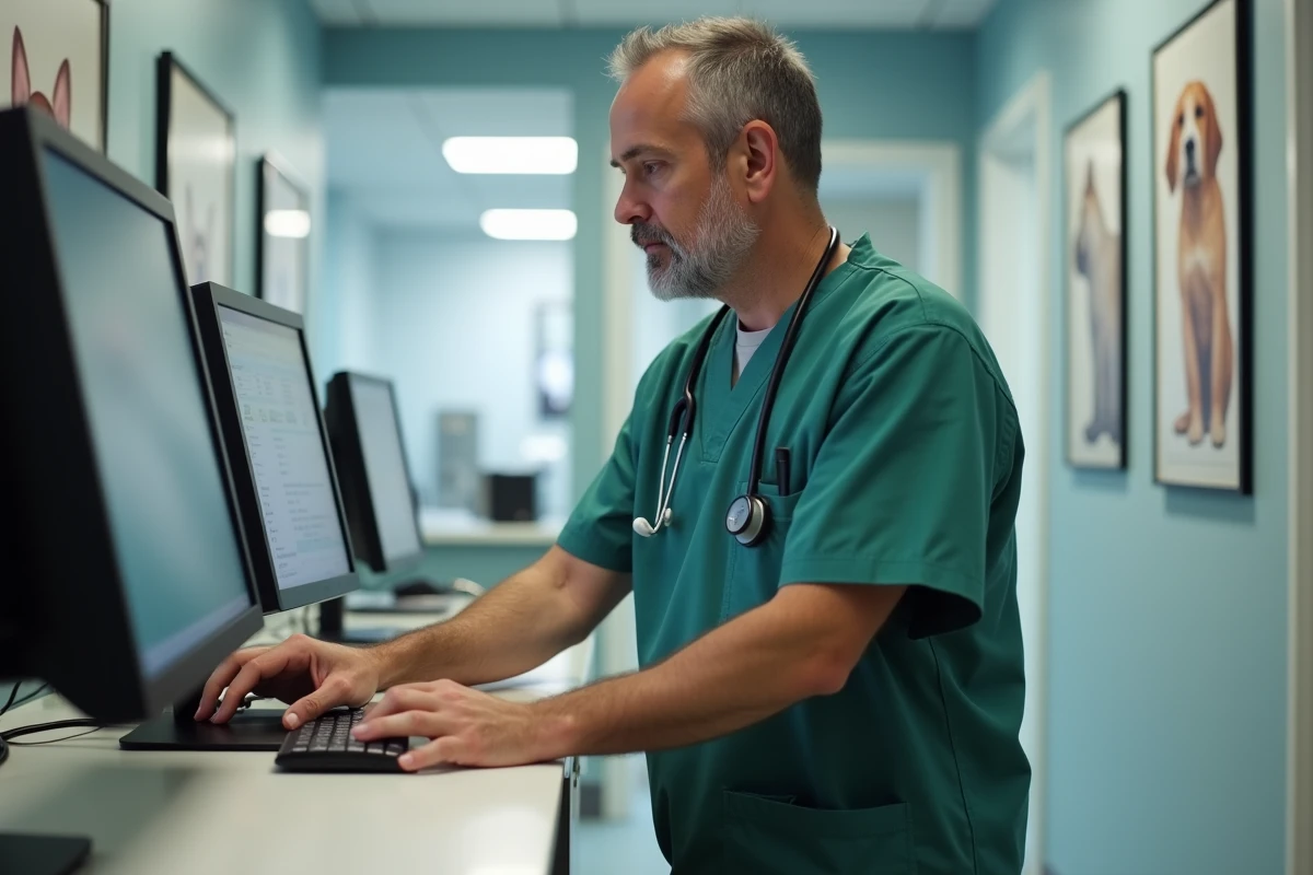 Vétérinaire homme utilisant un logiciel de gestion vétérinaire GMVET au poste d'accueil d'une clinique