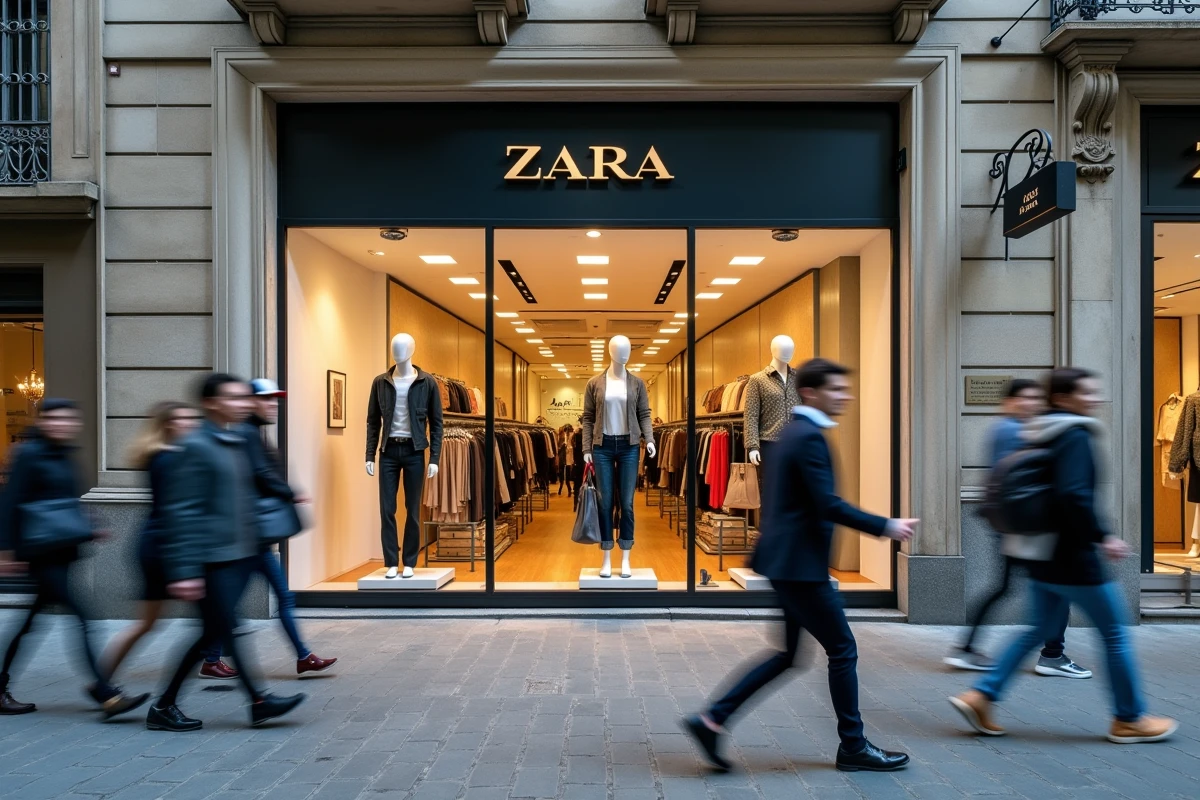 Vitrine d'un magasin Zara dans une rue commerçante espagnole avec des prix affichés sur les mannequins