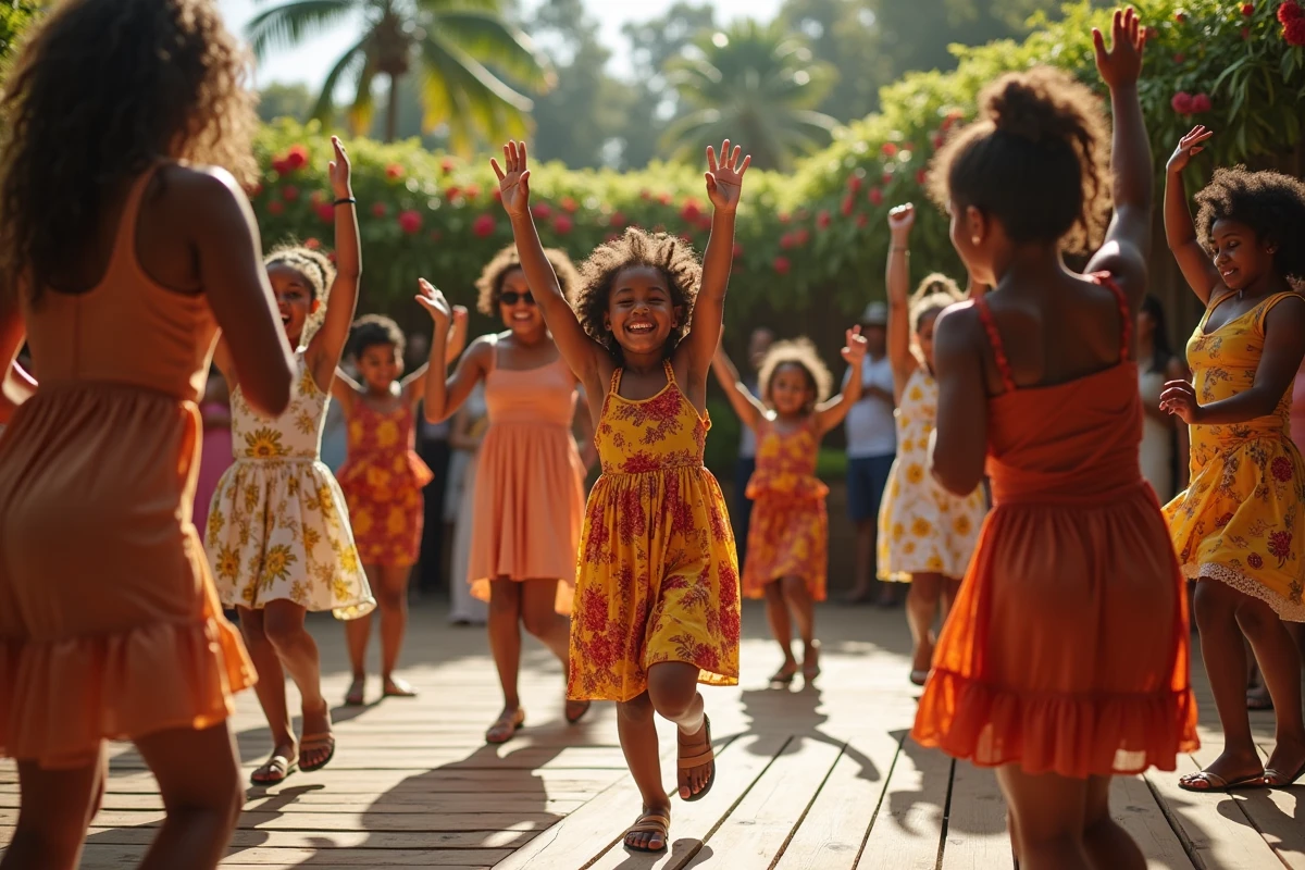 Invités de mariage de tous âges effectuant une danse énergique inspirée de Waka Waka de Shakira sur une piste en bois extérieure